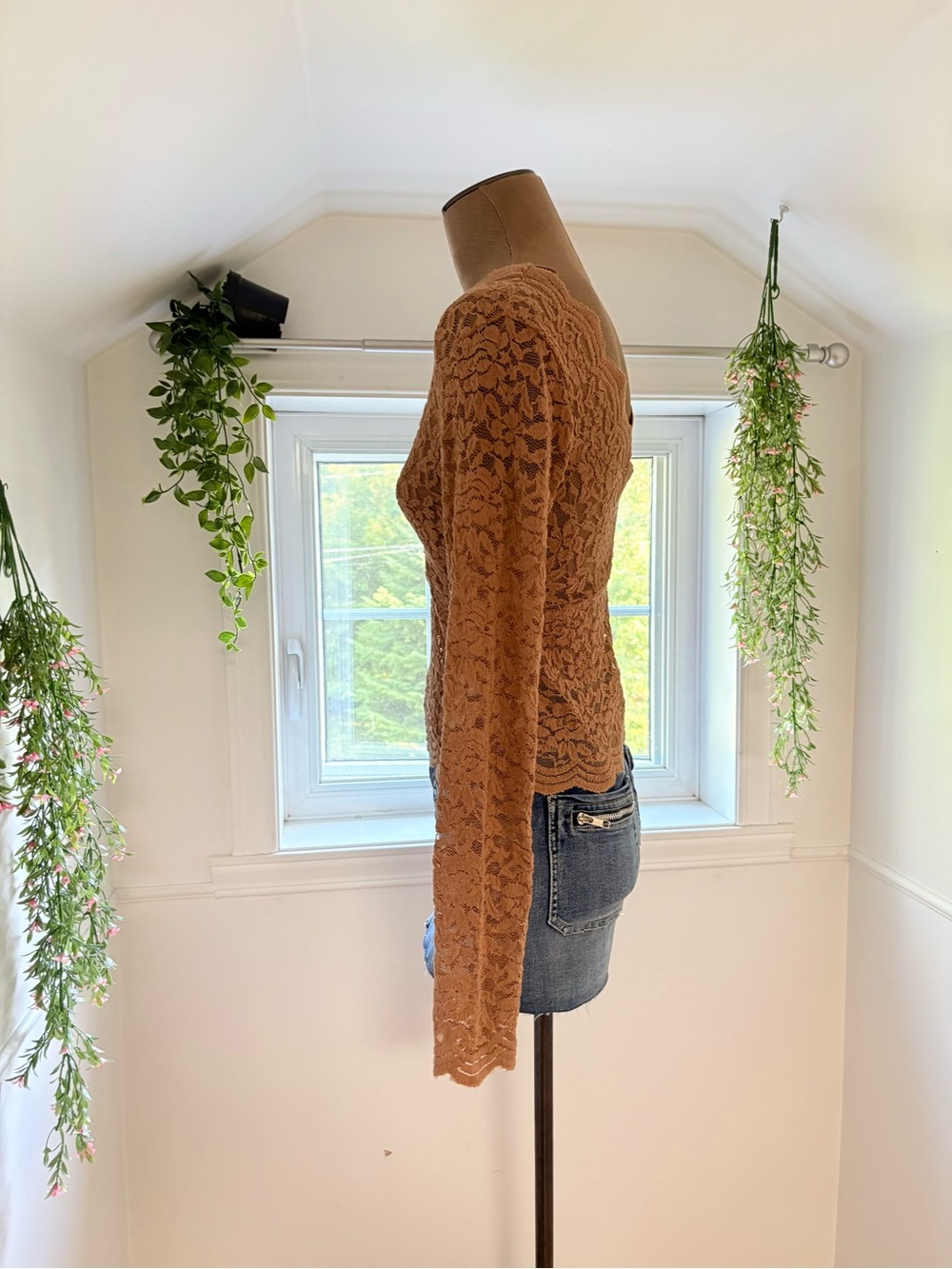 Lace V-Neck Long Sleeve Top - Tan - Picture 2 of 5